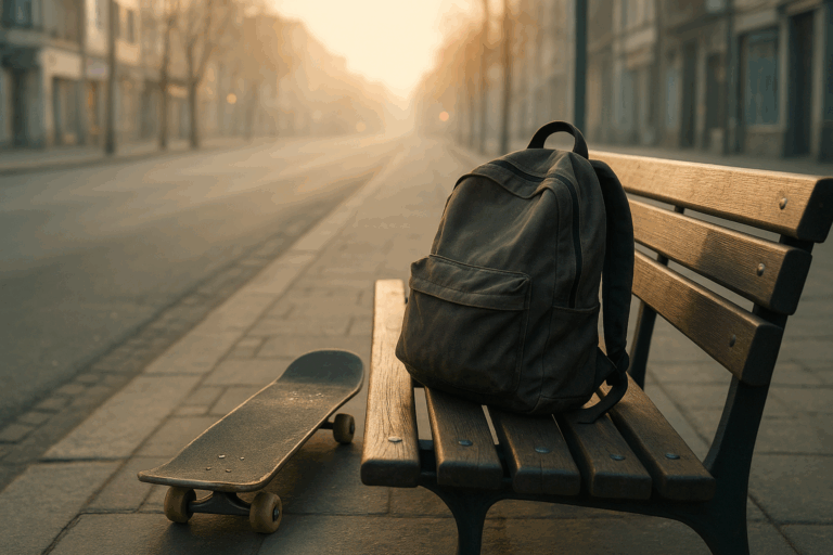 Un sac à dos et un skateboard posés sur un banc dans une rue vide au lever du jour, symbolisant la jeunesse et la précarité.