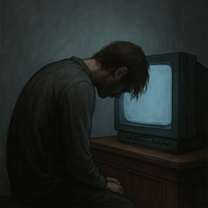 Personne accablée devant une télévision, image symbolique des effets des récits fatalistes, opposés aux histoires inspirantes et porteuses d’espoir.