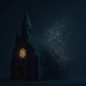 Église gothique dont la moitié droite se désintègre en un nuage de pixels et de données numériques.
