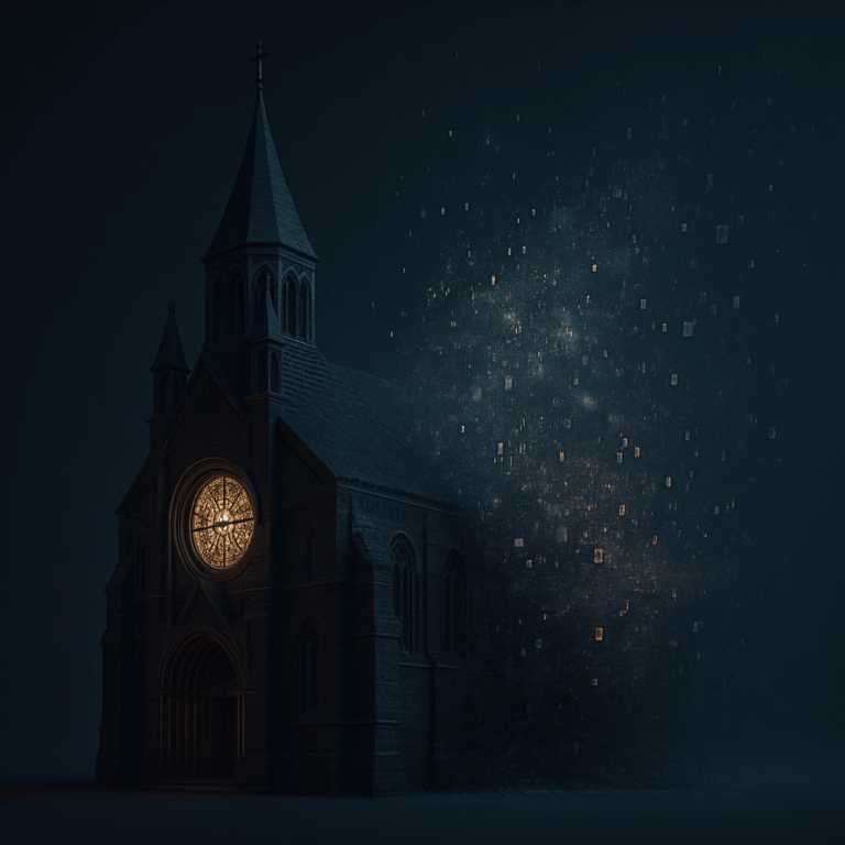 Église gothique dont la moitié droite se désintègre en un nuage de pixels et de données numériques.