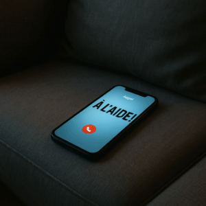 Un smartphone posé sur un canapé affiche "À L’AIDE !" sur son écran, sans que personne ne réponde.