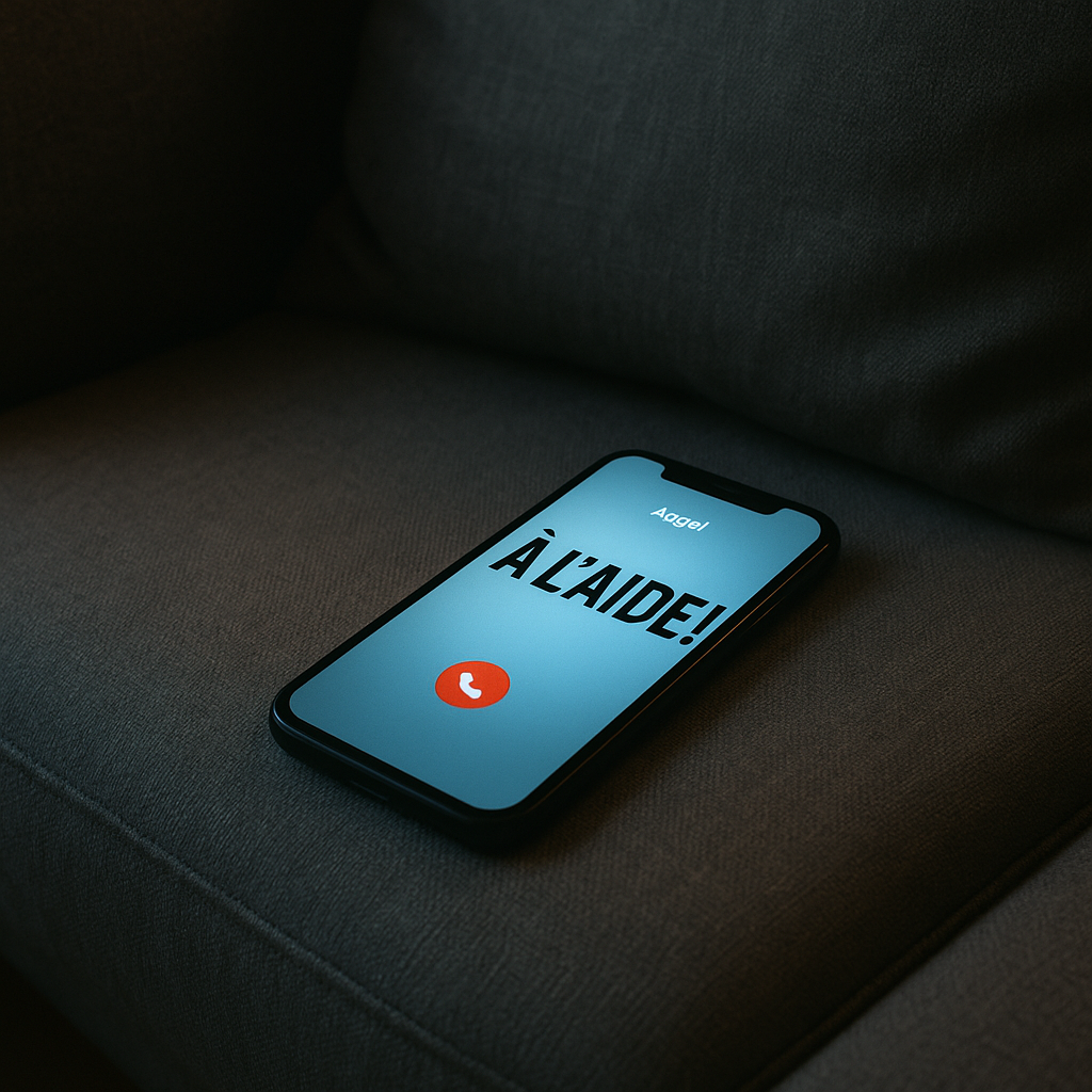 Un smartphone posé sur un canapé affiche "À L’AIDE !" sur son écran, sans que personne ne réponde.