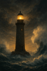 Phare éclairé au milieu d’une mer en tempête