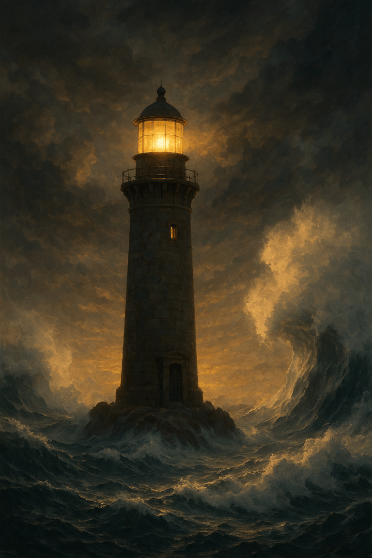 Phare éclairé au milieu d’une mer en tempête