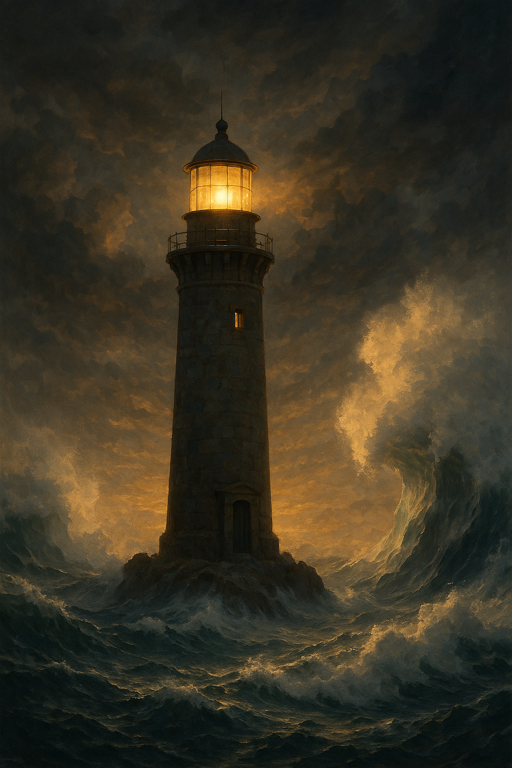 Phare éclairé au milieu d’une mer en tempête