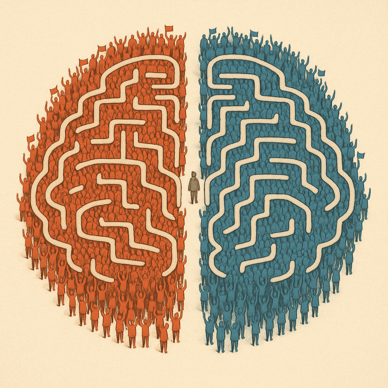 Vue aérienne d’un cerveau formé par une foule en rouge et en bleu, séparée par une ligne centrale, chaque camp brandissant ses drapeaux identitaires.