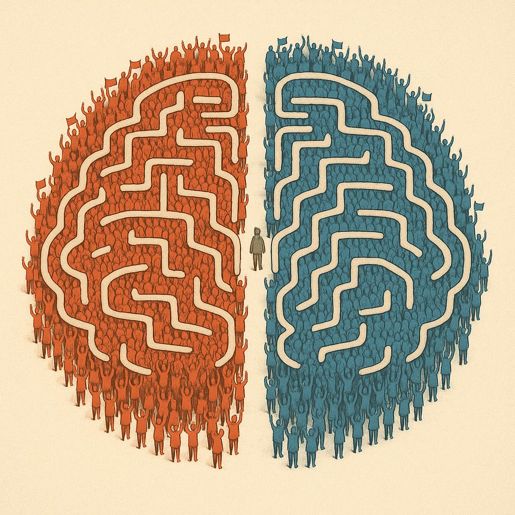 Vue aérienne d’un cerveau formé par une foule en rouge et en bleu, séparée par une ligne centrale, chaque camp brandissant ses drapeaux identitaires.