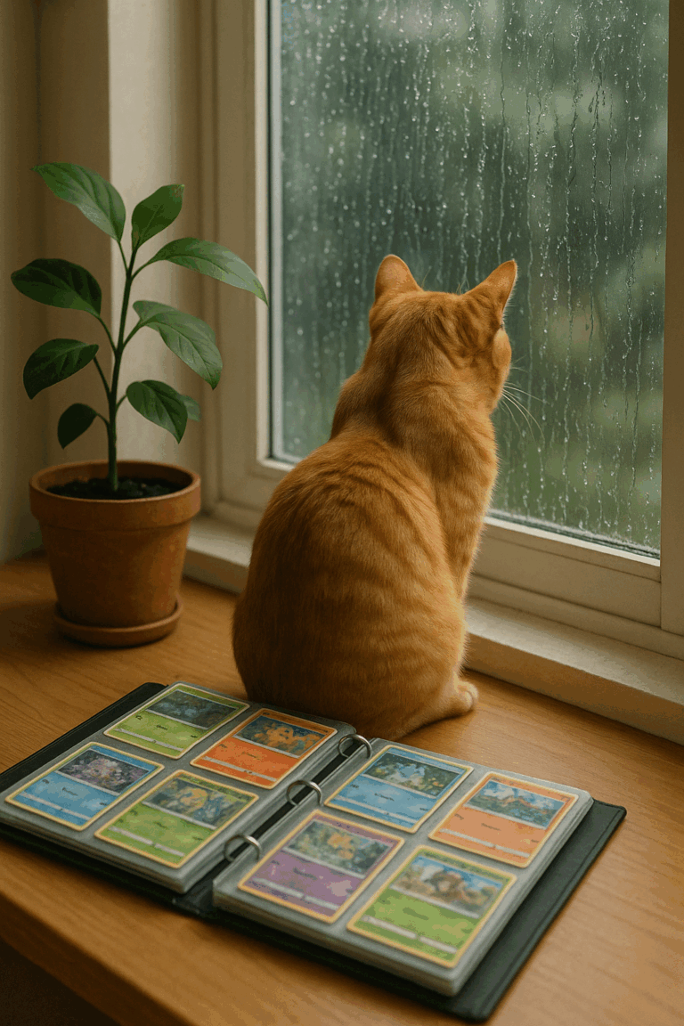 Un chat roux assis sur un rebord de fenêtre regarde la pluie tomber, à côté d’une plante verte en pot et d’un album de cartes à collectionner ouvert.