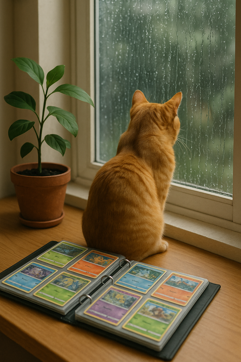 Un chat roux assis sur un rebord de fenêtre regarde la pluie tomber, à côté d’une plante verte en pot et d’un album de cartes à collectionner ouvert.