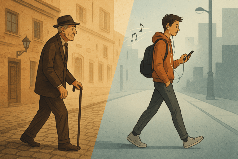 Vieil homme marchant seul dans une rue ancienne aux tons sépia, croisant un jeune adulte absorbé par son téléphone dans une rue moderne et épurée, illustrant le contraste entre générations et leurs codes de politesse.