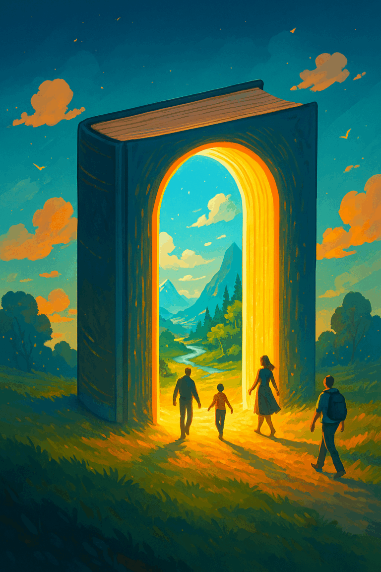 Quatre personnes marchent vers un immense livre ouvert verticalement comme une porte, laissant entrevoir un paysage lumineux de montagnes, forêt et rivière, sous un ciel bleu et nuageux.