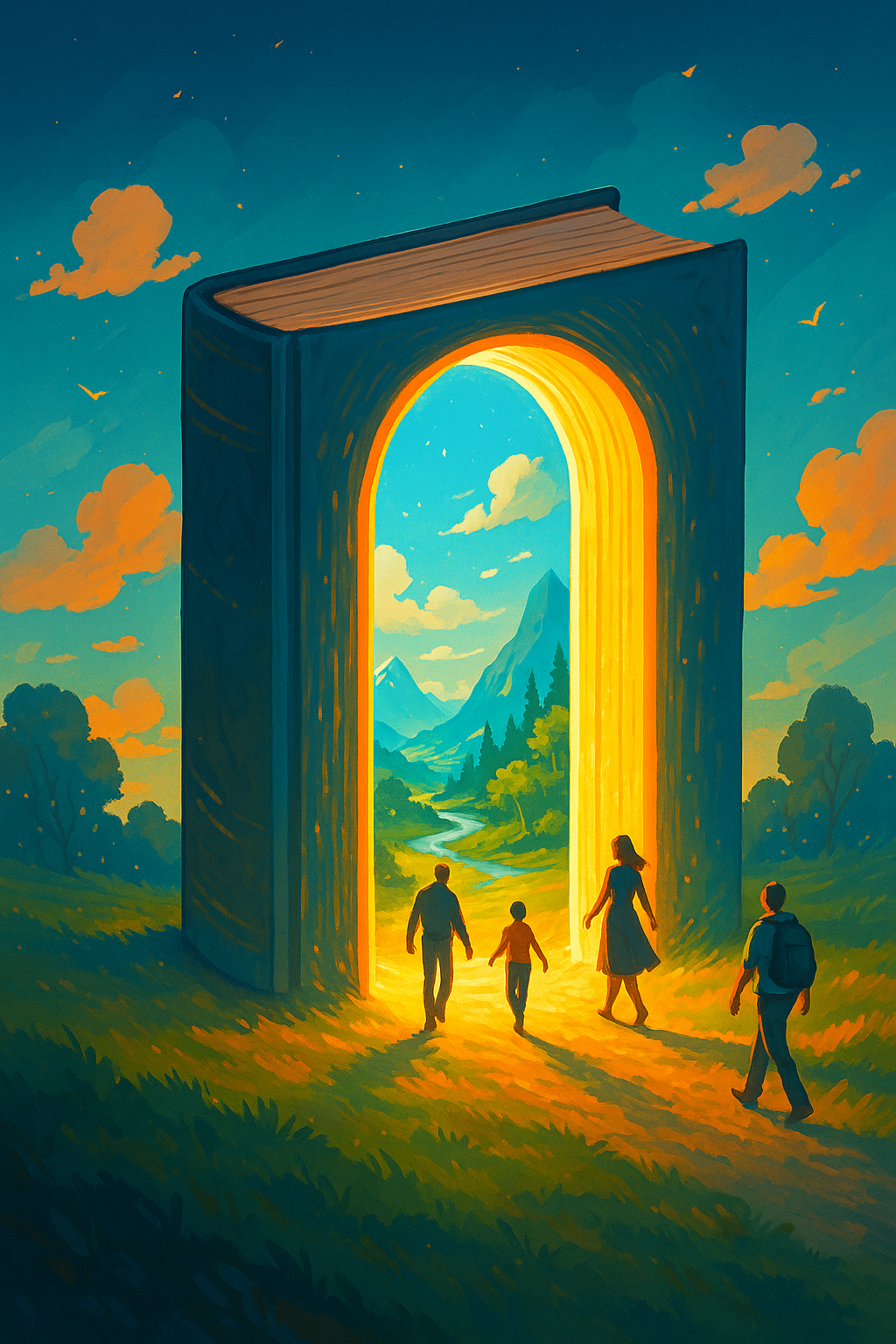 Quatre personnes marchent vers un immense livre ouvert verticalement comme une porte, laissant entrevoir un paysage lumineux de montagnes, forêt et rivière, sous un ciel bleu et nuageux.
