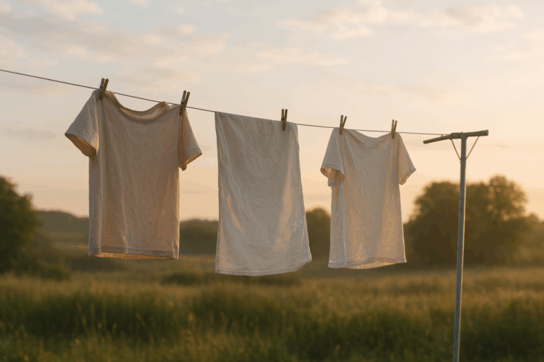 Trois vêtements clairs sèchent sur un fil, baignés par la lumière dorée du matin.