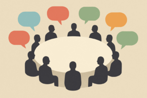 Silhouettes autour d’une table ronde, chacune parlant dans sa propre bulle colorée qui ne rejoint pas le centre vide.