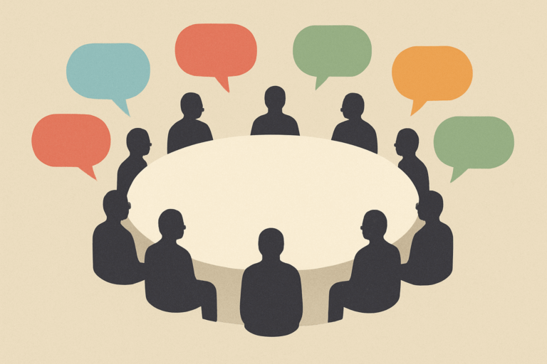 Silhouettes autour d’une table ronde, chacune parlant dans sa propre bulle colorée qui ne rejoint pas le centre vide.
