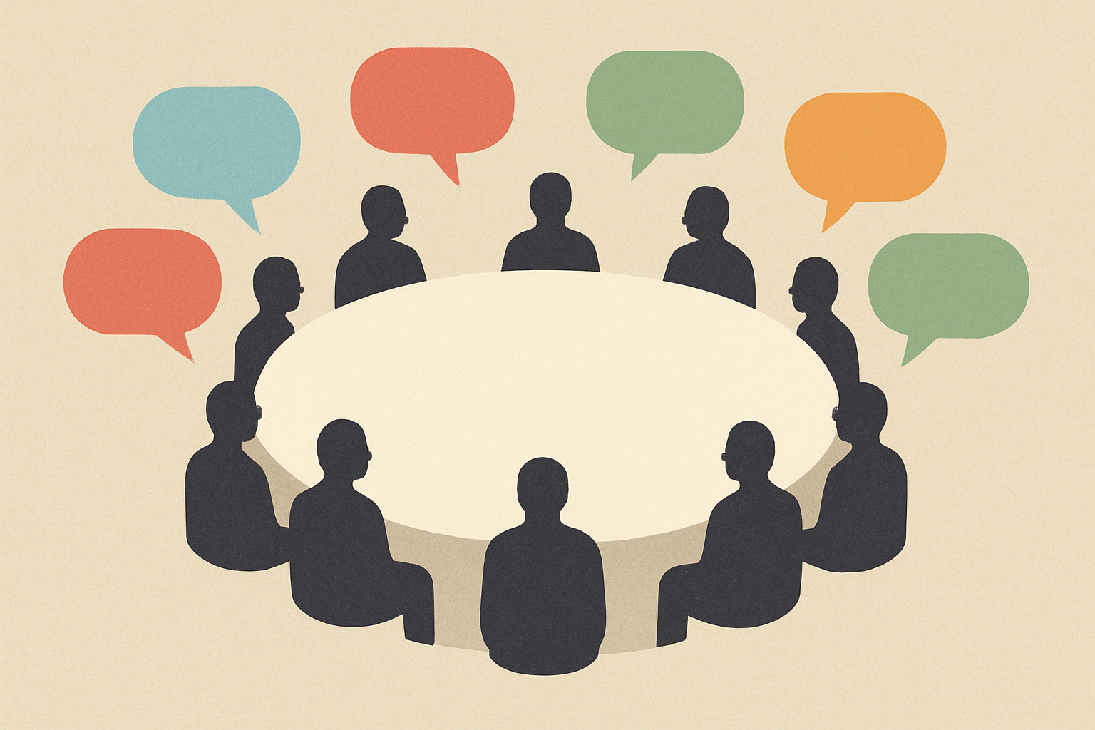Silhouettes autour d’une table ronde, chacune parlant dans sa propre bulle colorée qui ne rejoint pas le centre vide.