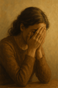 Personne assise, le visage dans les mains, exprimant une émotion intérieure.
