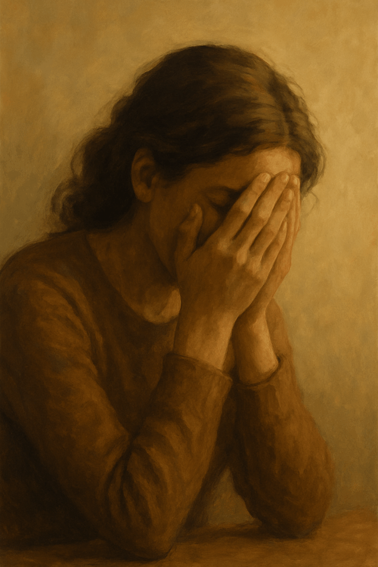 Personne assise, le visage dans les mains, exprimant une émotion intérieure.