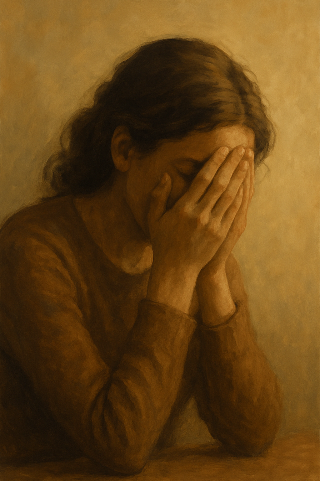 Personne assise, le visage dans les mains, exprimant une émotion intérieure.