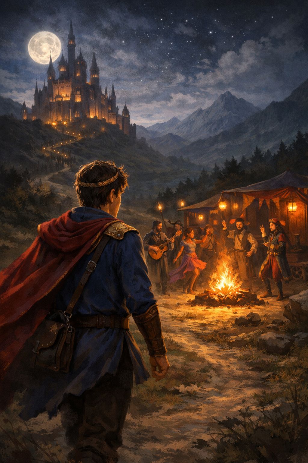 Un jeune prince regarde un château illuminé tandis qu’il s’apprête à rejoindre des artistes itinérants autour d’un feu.
